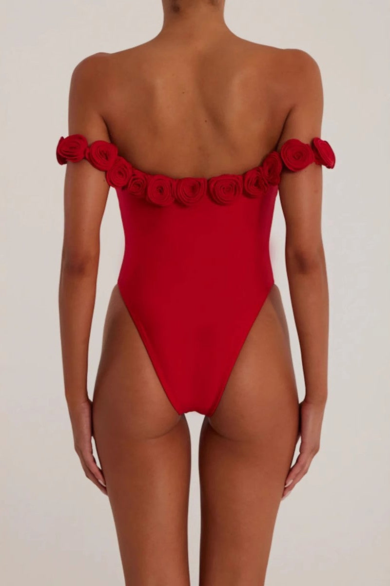 3d Flower Strapless Bodysuit in Red Avalabel
