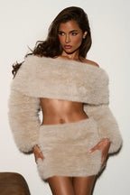 verna faux fur off-shoulder long sleeve top in beige Avalabel