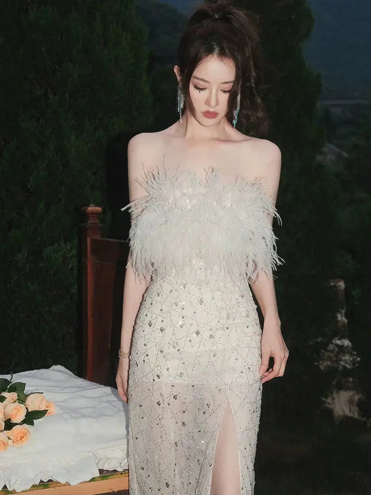 Masa White Haute Couture Feather Sequin Dress Avalabel