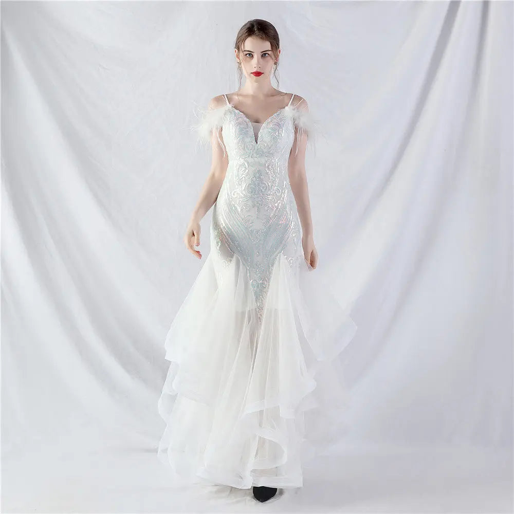 feather sequin strapless tulle maxi dress Avalabel