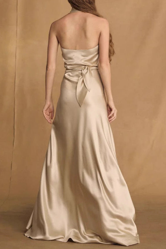 Kay Champagne Crepe Bias-Cut Satin Halter Maxi Dress Avalabel