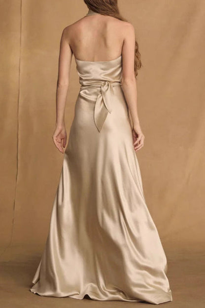 Kay Champagne Crepe Bias-Cut Satin Halter Maxi Dress