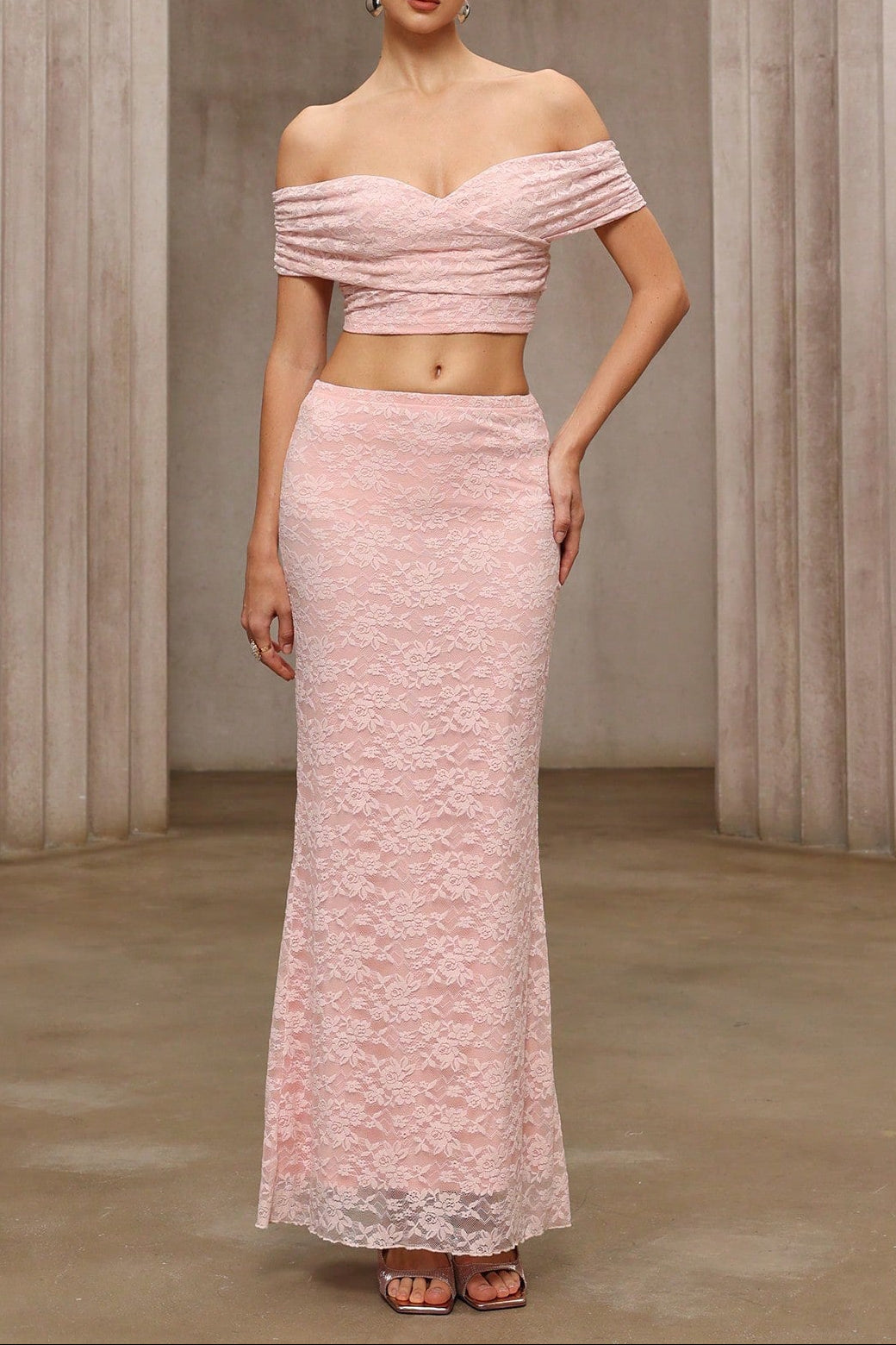 alice Pink lace off-shoulder top and skirt set Avalabel