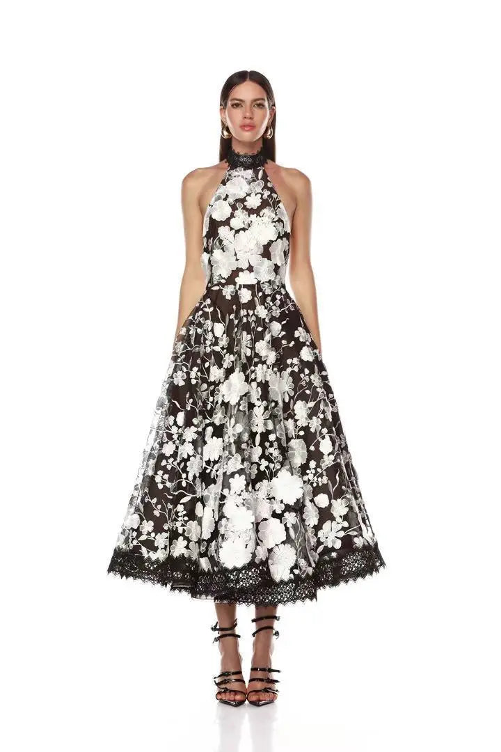 alyssa black Halter Floral Embroidered Midi Dress Avalabel