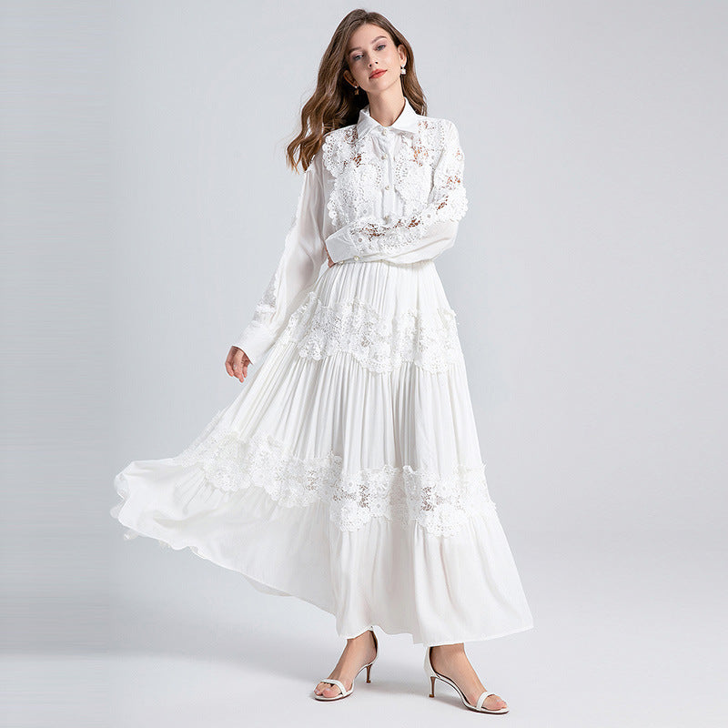 Alexandra Splicing Flapped Lace Hollow Midi Dress in White Avalabel