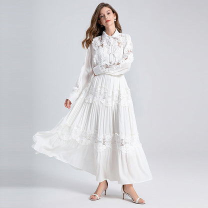 Alexandra Splicing Flapped Lace Hollow Midi Dress in White