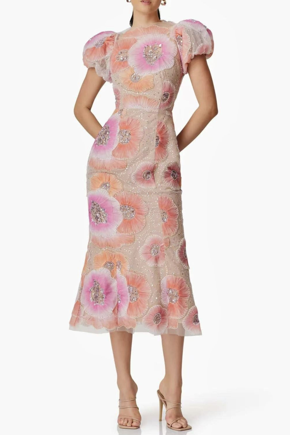Lydia Puff Sleeve Floral Midi Dress in Pink Soraya