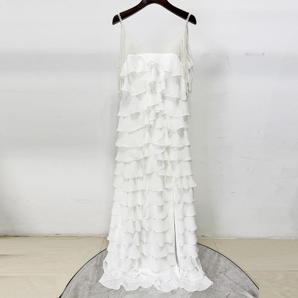 White Nail Bead Layered Lotus Leaf Slit Maxi Dress Avalabel