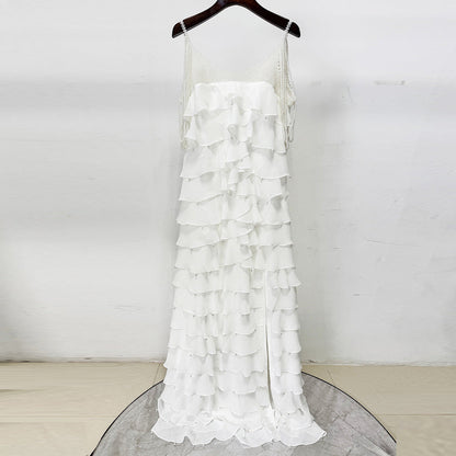 White Nail Bead Layered Lotus Leaf Slit Maxi Dress