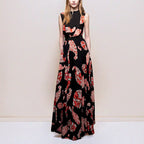 Black Printed  V-neck Sleeveless Maxi Dress Avalabel