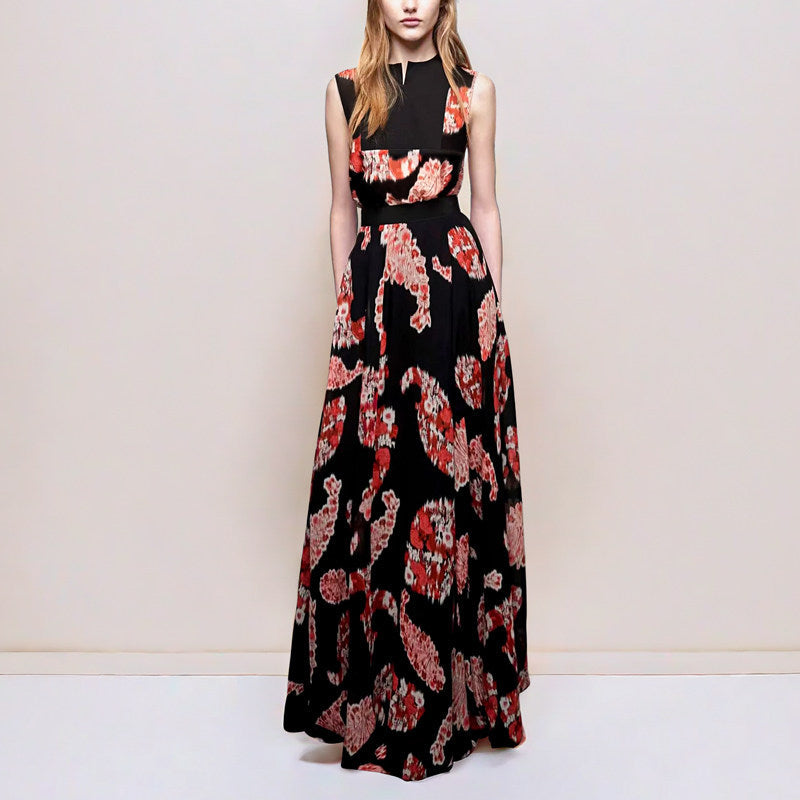Black Printed  V-neck Sleeveless Maxi Dress Avalabel