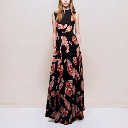 Black Printed  V-neck Sleeveless Maxi Dress