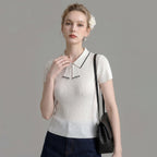 Striped Collar Bow Tie Ribbed Knit Short Sleeve Top poava