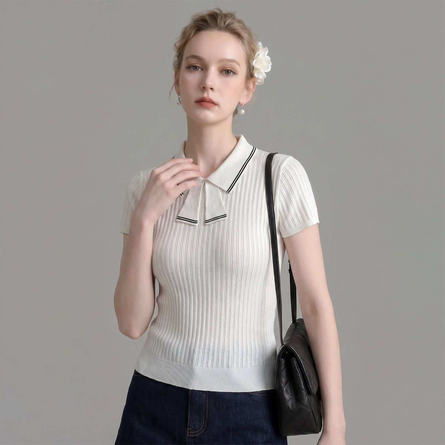 Striped Collar Bow Tie Ribbed Knit Short Sleeve Top poava