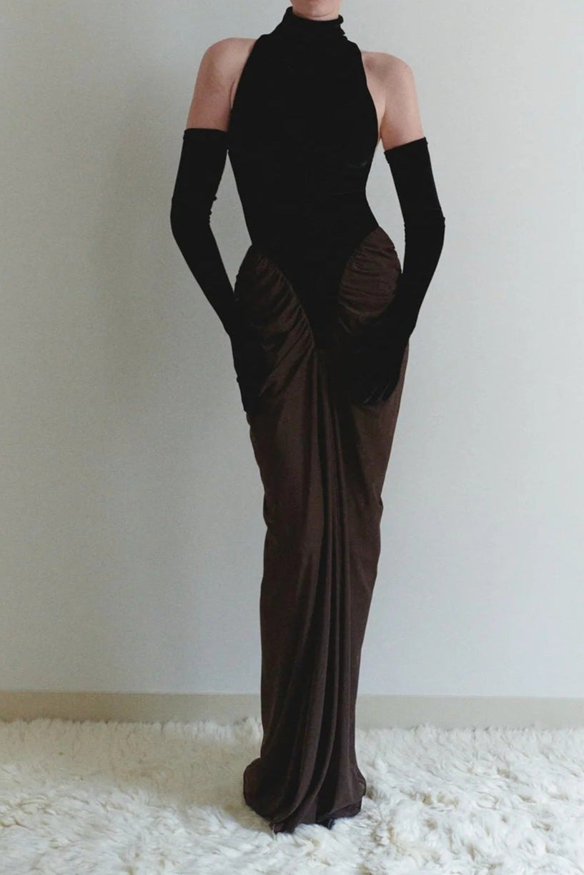Velvet Mesh Patchwork Maxi Dress in Black Avalabel