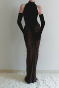 Velvet Mesh Patchwork Maxi Dress in Black Avalabel