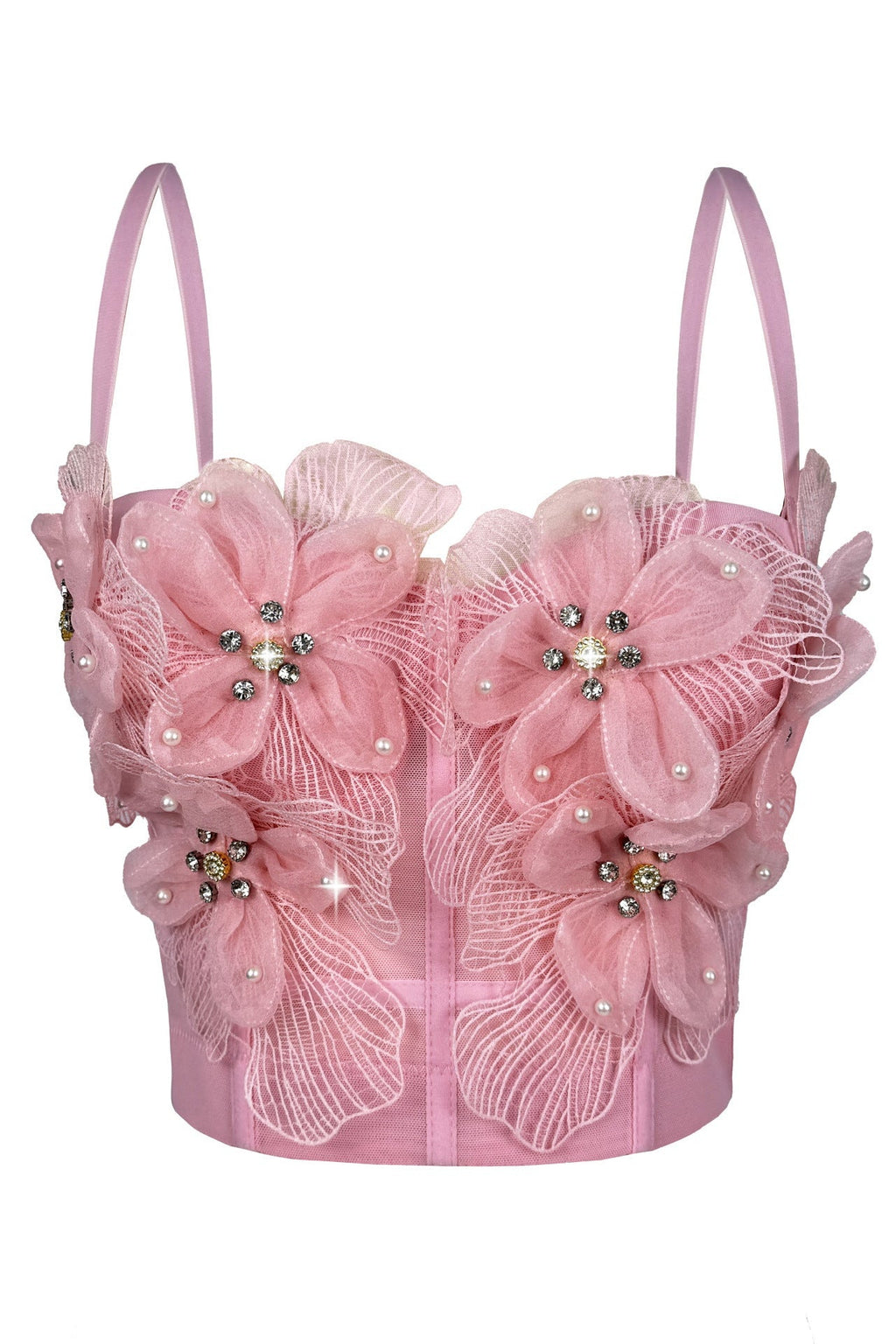 Spaghetti Strap Sheer Mesh 3D Tulle Flower Rhinestone Pearl Corset Bustier Top sis label