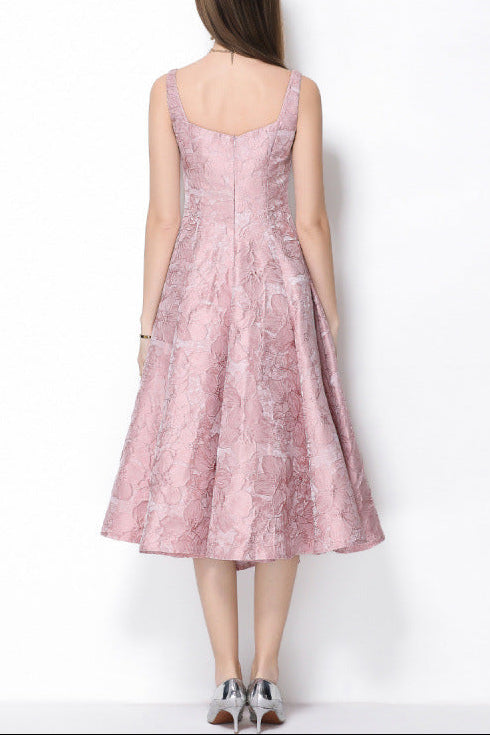 Beverly Vintage Jacquard Slip Midi Dress in Pink Avalabel