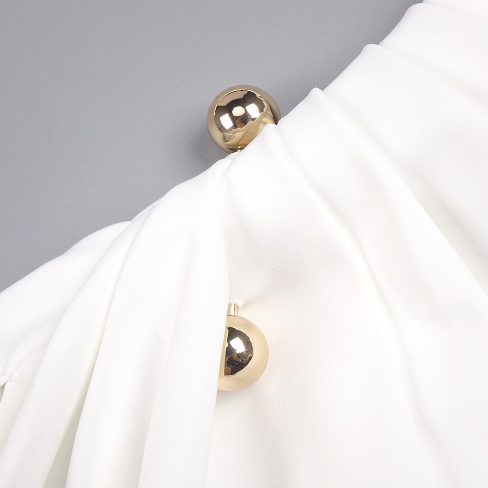 rita Metallic Double Ball Long-Sleeve High-Slit maxi Dress in white
