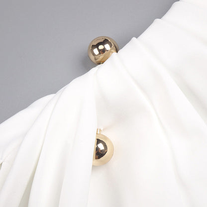 rita Metallic Double Ball Long-Sleeve High-Slit maxi Dress in white