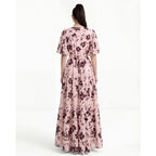 Ashley V-neck Lace Trim Printed Maxi Dress - Pink Avalabel