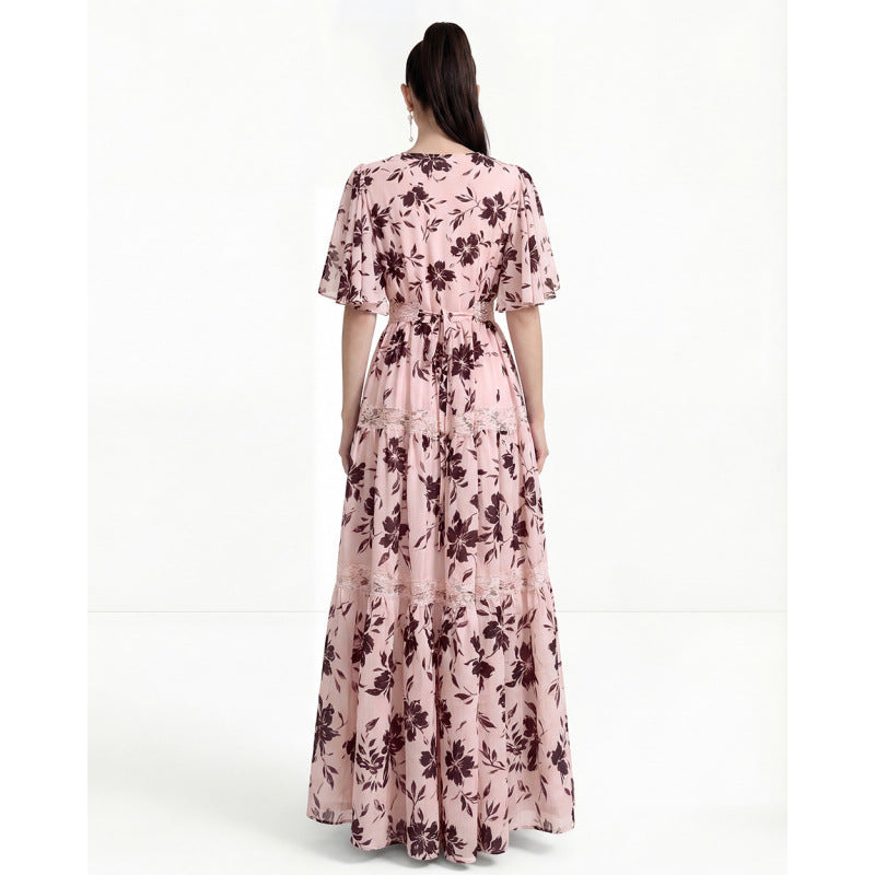 Ashley V-neck Lace Trim Printed Maxi Dress - Pink Avalabel