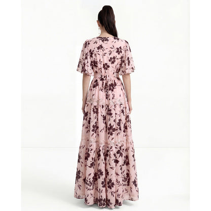 Ashley V-neck Lace Trim Printed Maxi Dress - Pink Avalabel