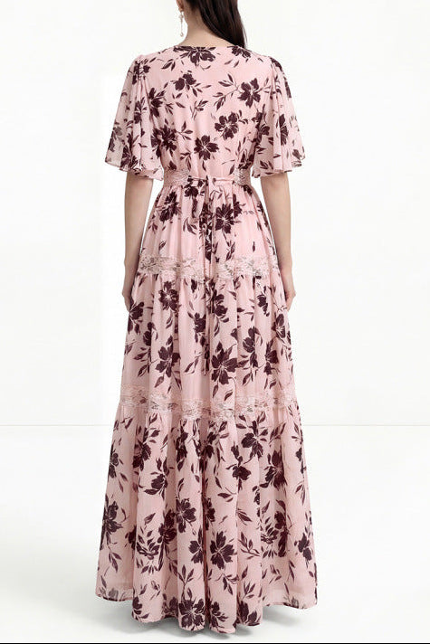 Ashley V-neck Lace Trim Printed Maxi Dress - Pink Avalabel