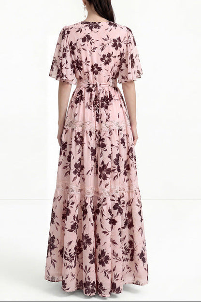 Ashley V-neck Lace Trim Printed Maxi Dress - Pink Avalabel