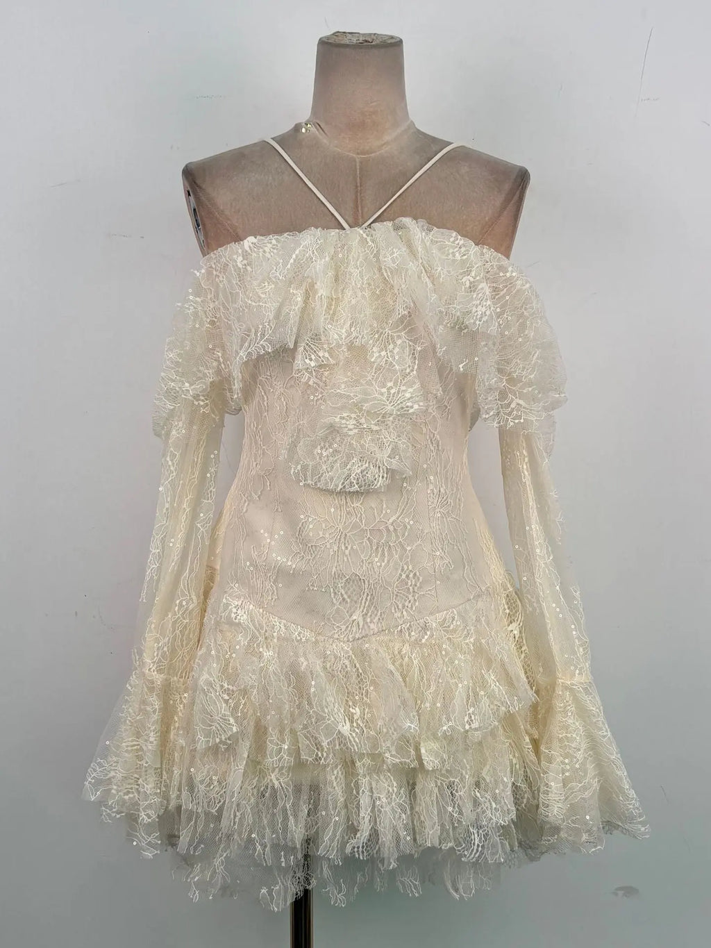 Elisha Off Shoulder Lace Ruffle Mini Dress Avalabel
