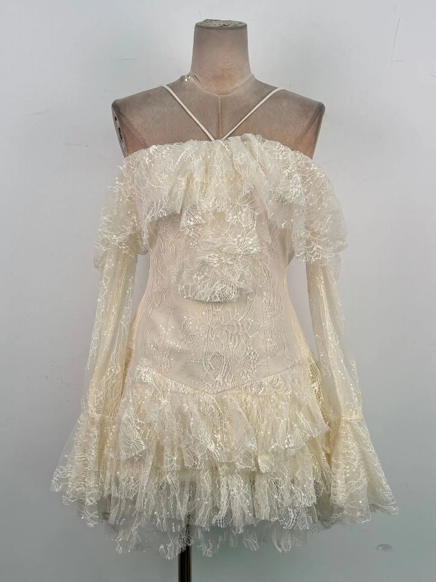 Elisha Off Shoulder Lace Ruffle Mini Dress Avalabel