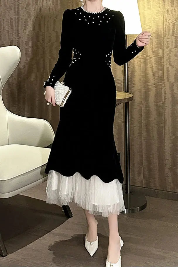 zona black Beaded irregular hem velvet fishtail maxi dress Avalabel