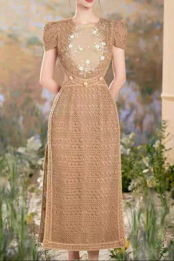 Sharon Appliqué Hollow Maxi Dress in Brown Avalabel