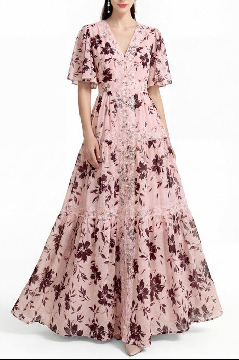 Ashley V-neck Lace Trim Printed Maxi Dress - Pink Avalabel