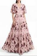 Ashley V-neck Lace Trim Printed Maxi Dress - Pink Avalabel