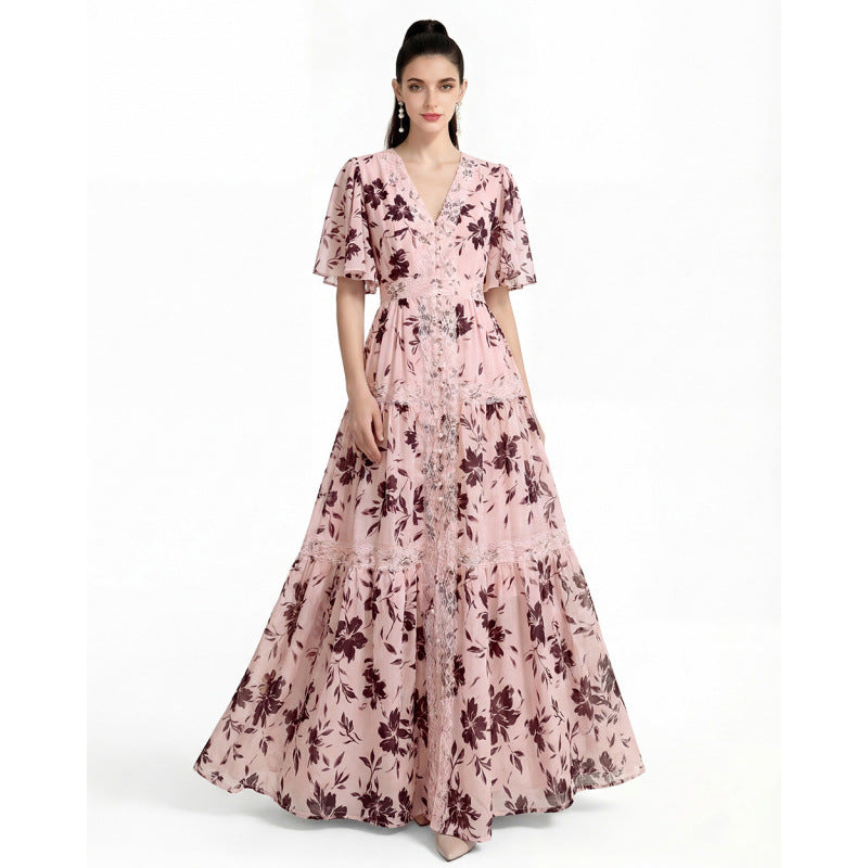 Ashley V-neck Lace Trim Printed Maxi Dress - Pink Avalabel
