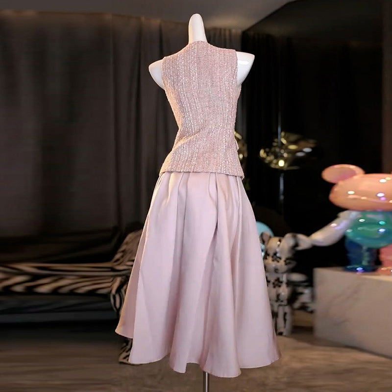 Ella pink V-Neck Sleeveless Top & Skirt Two-Piece Set Avalabel