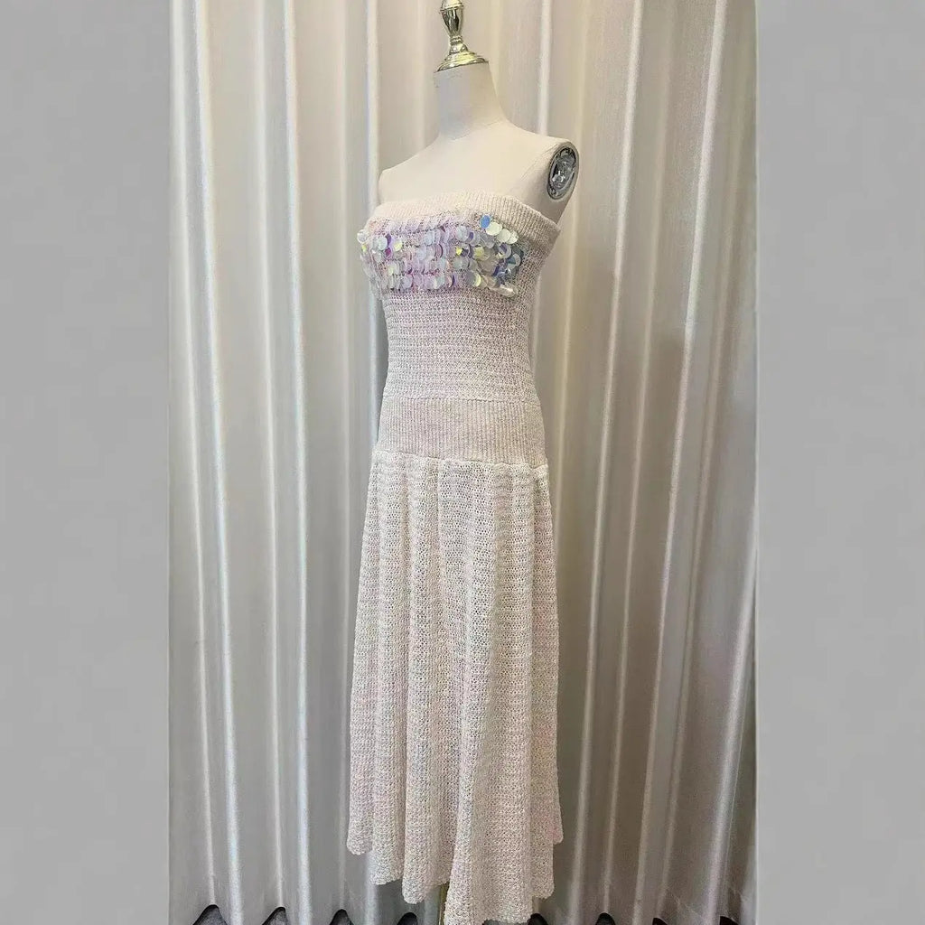 kimberley beige off-shoulder Sleeveless sequin jersey Maxi Dress Avalabel
