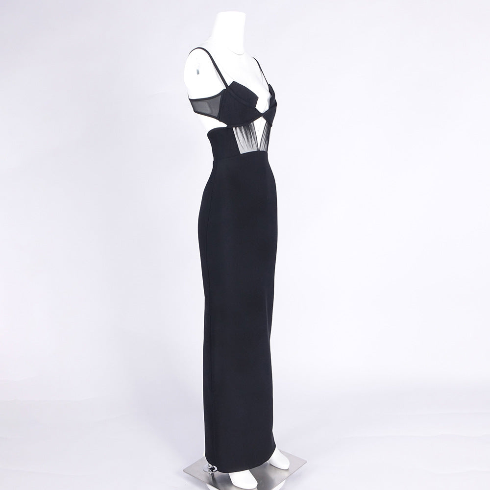 Back Slit Knitted Bandage Maxi Dress in Black