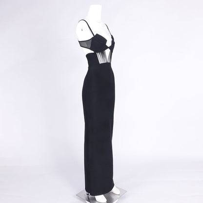 Back Slit Knitted Bandage Maxi Dress in Black