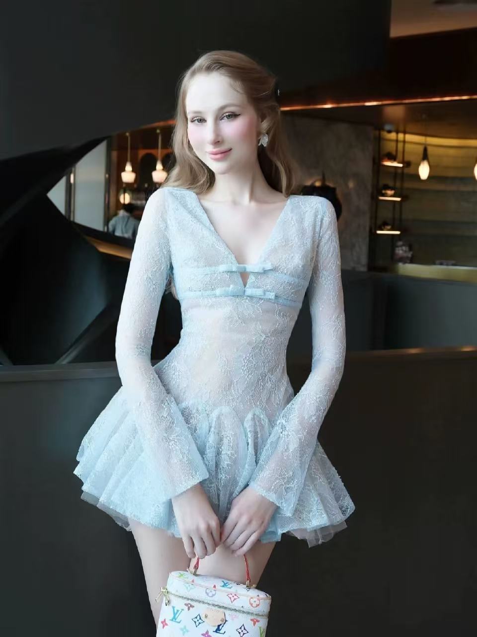 Eileen Long-Sleeve V-Neck Lace A-Line Mini Dress in Blue Avalabel