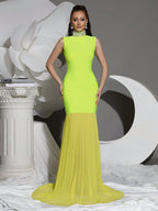 Amy Mesh Stitching Diamond High Collar Bandage Maxi Dress in Green Avalabel