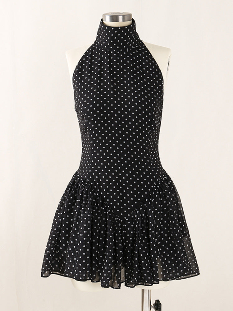 Polka Silk Chiffon Sleeveless Halter Mini Dress in Black Avalabel