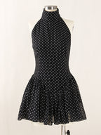 Polka Silk Chiffon Sleeveless Halter Mini Dress in Black Avalabel