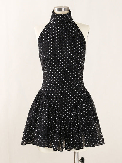 Polka Silk Chiffon Sleeveless Halter Mini Dress in Black