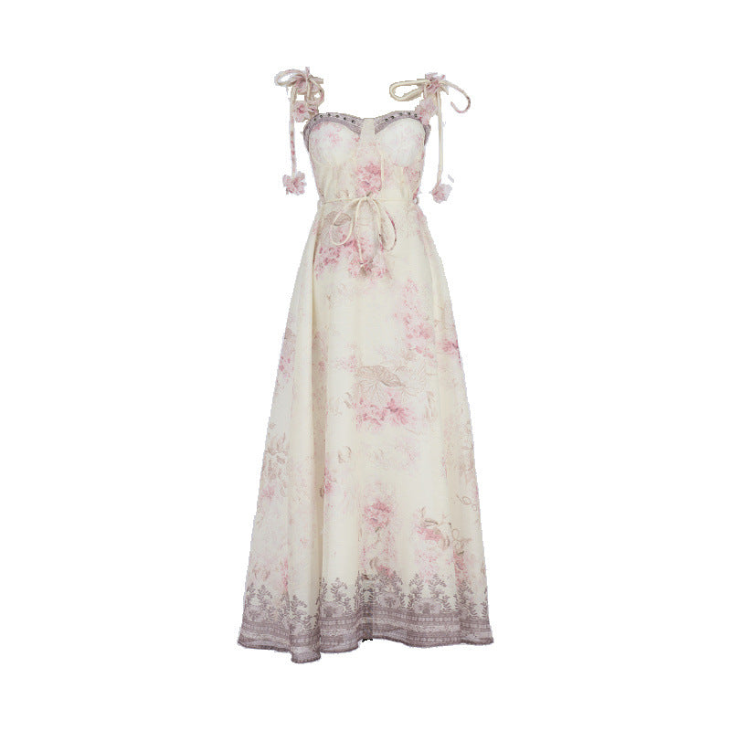 Pastel Floral Print Spaghetti Strap Midi Dress with 3D Flower Appliqués Avalabel