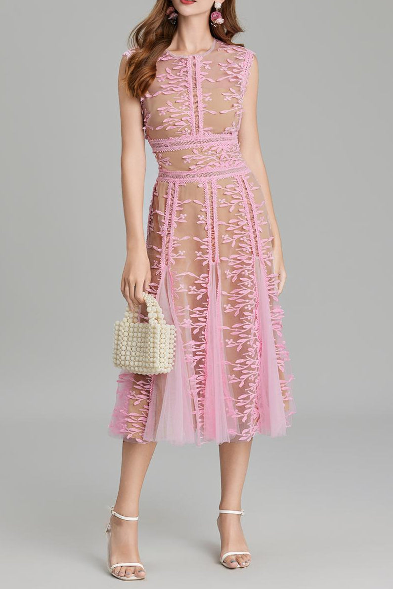 Phoenix 3D Embroidered Lace Mesh Midi Dress in Pink