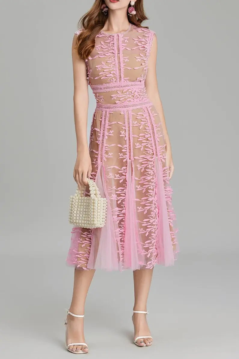 Phoenix 3D Embroidered Lace Mesh Midi Dress in Pink Avalabel
