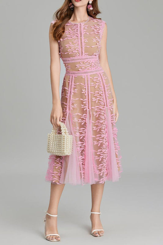 Phoenix 3D Embroidered Lace Mesh Midi Dress in Pink