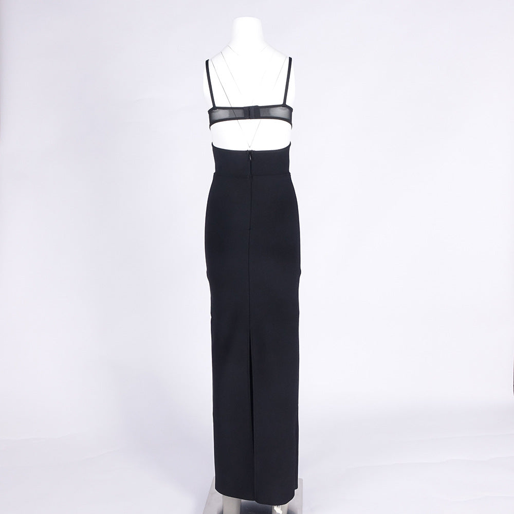 Back Slit Knitted Bandage Maxi Dress in Black